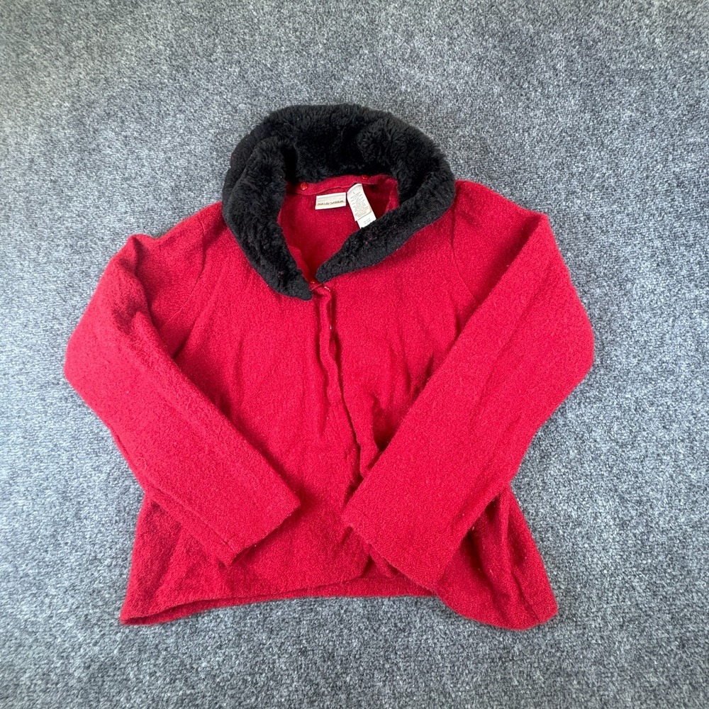 Villager Liz Claiborne Cardigan Sweater Women L Red Faux Fur Collar Button Front